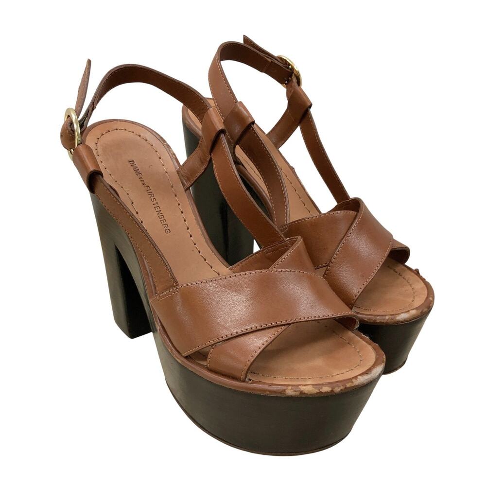 Diane von Furstenberg Sandals Womens 6 Brown Leather Platform Slingback Heels